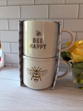 Bee Happy White Ceramic Coffee Mugs - Set of 2